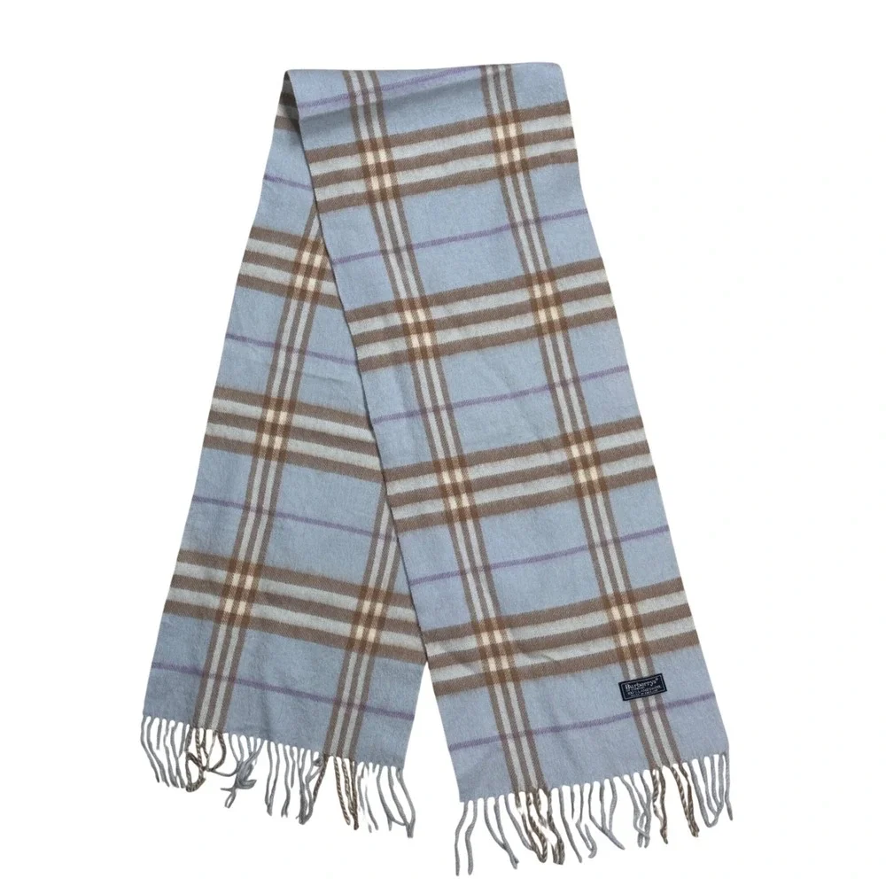 Burberrys of London Lambswool Scarf Classic Check Blue‎ Camel Purple 62 x 11.5in